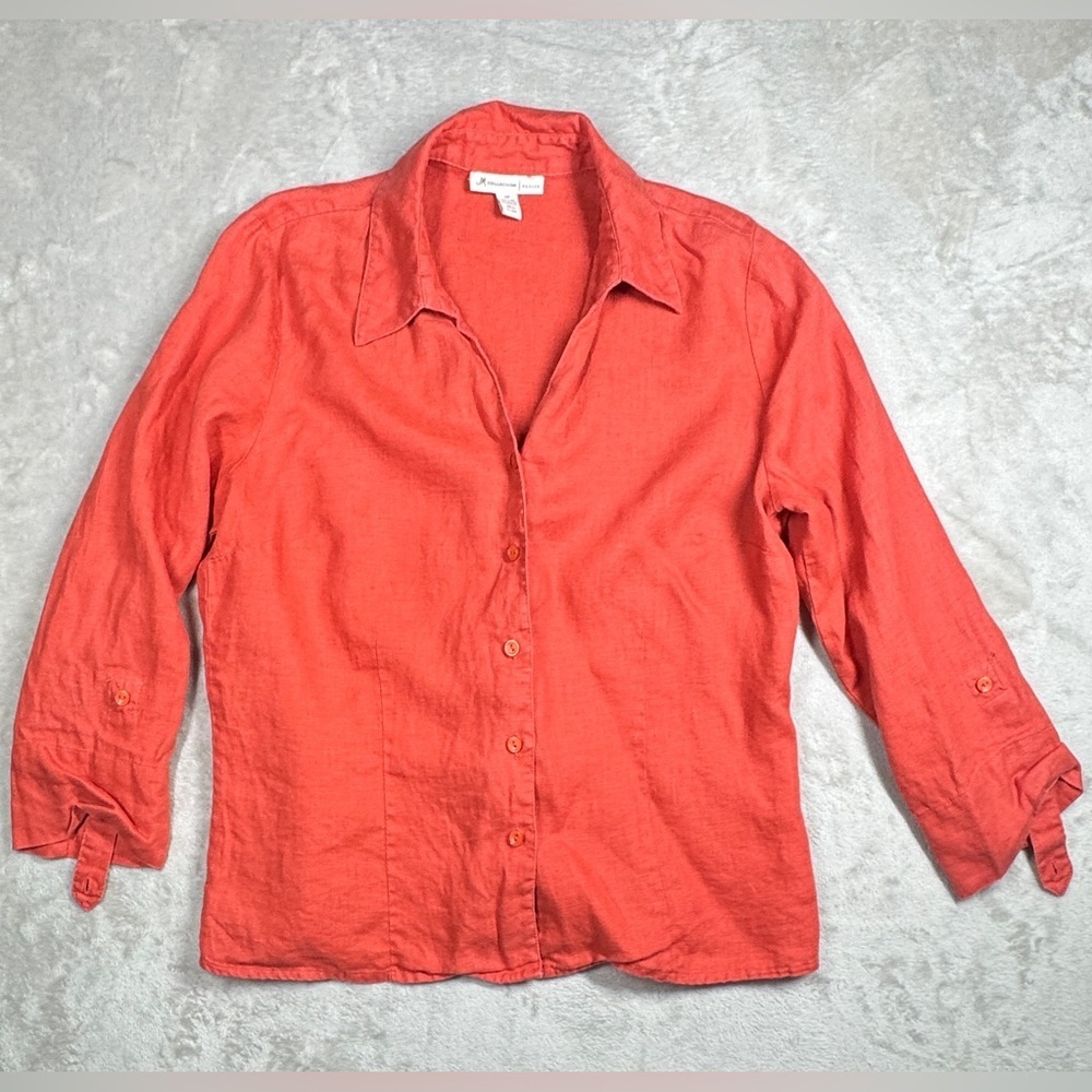 JM Collection 100% Linen Red Orange Button Up Collared Quarter Sleeve Blouse 12P